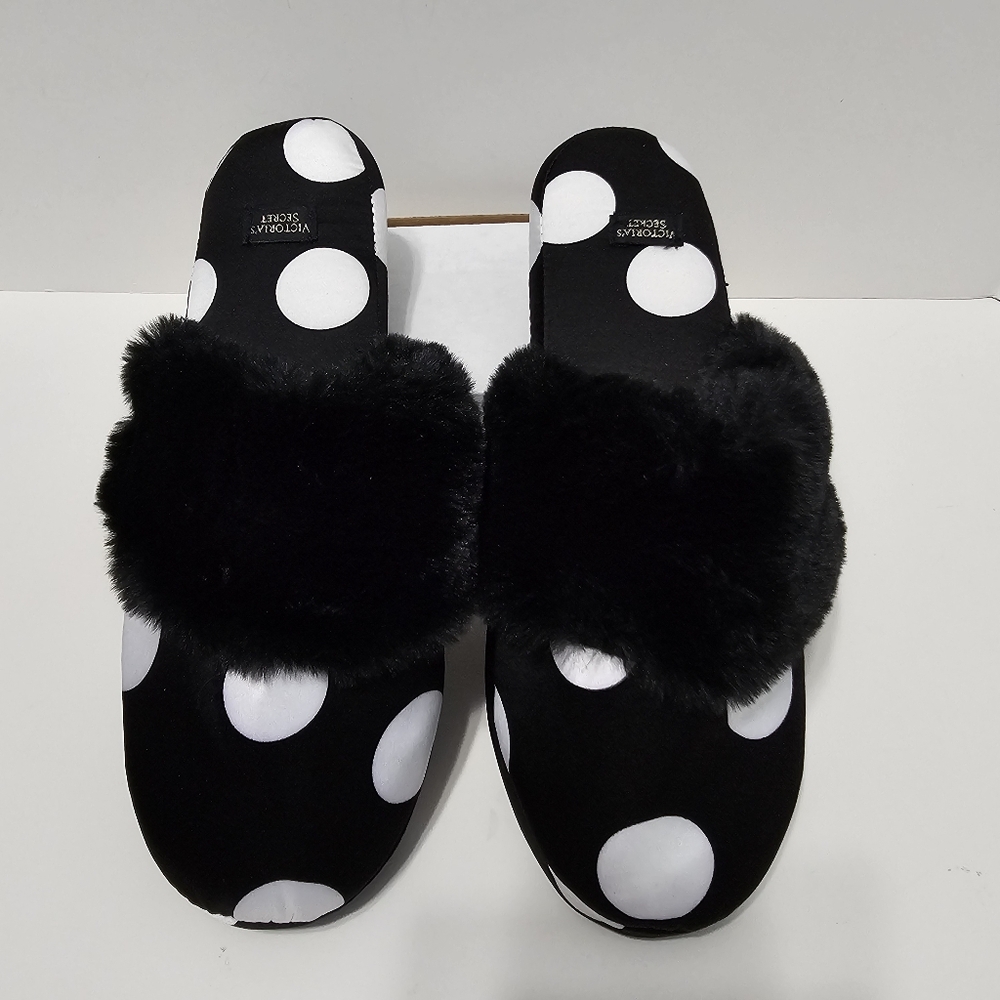 Victoria's Secret Black And White Polka Dot Slippers Sz S - Picture 3 of 6